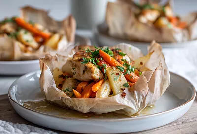 Готовлю ужин в пергаменте на сковороде: курица с овощами в ароматном соусе — за 25 минут и без духовки