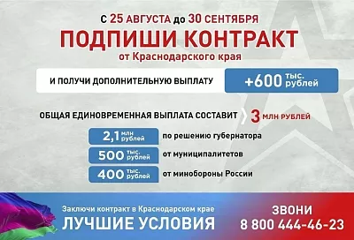 3 млн рублей получат заключившие контракт от Краснодарского края с 25 августа до 30 сентября 2025 года