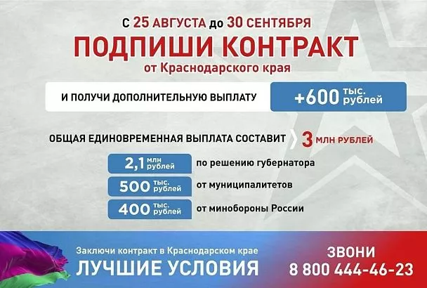 3 млн рублей получат заключившие контракт от Краснодарского края с 25 августа до 30 сентября 2025 года