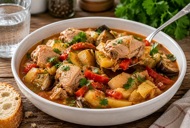 Складываю курицу и овощи слоями, затем томлю 2 часа: домашняя "басма", мясо само отходит от костей