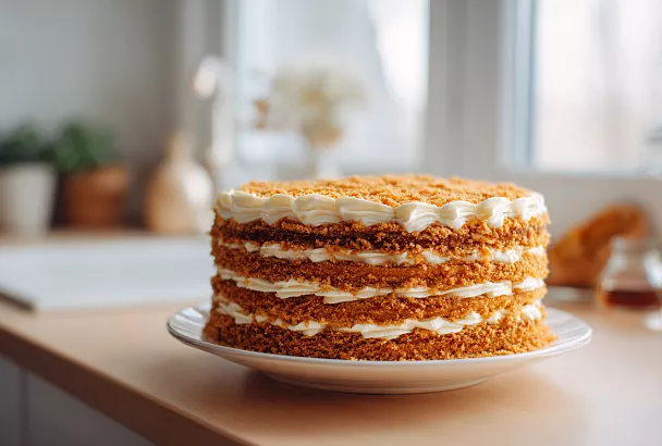 Праздничный медовик с черносливом: пышный торт с кремом из сливок и сыра