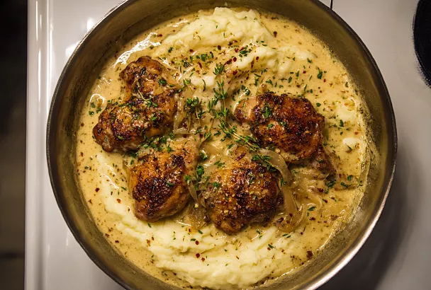 Курица в сметанном соусе с карамелизированным луком