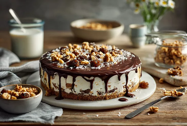 Нежный торт без выпечки с черносливом и кокосом