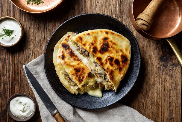 Лепёшки с курицей, грибами и сыром на кефирном тесте