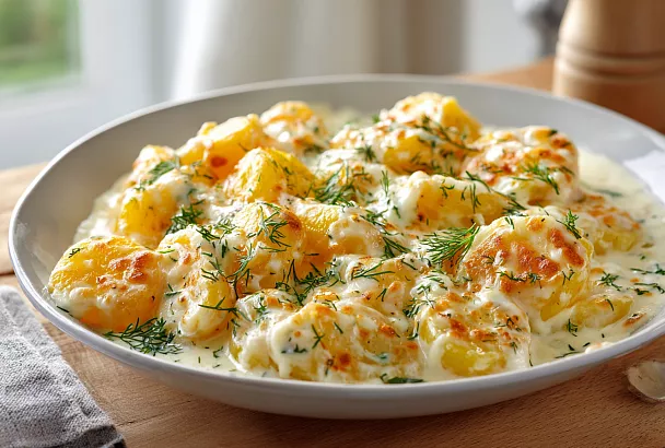 Ароматная картошка в чесночном соусе: добавила тёртый сыр в сметанный соус, и вкус получился сливочным 