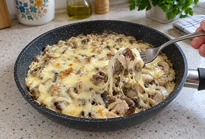 Жюльен с курицей и грибами на сковороде: сливочный соус и сырная шапочка без духовки