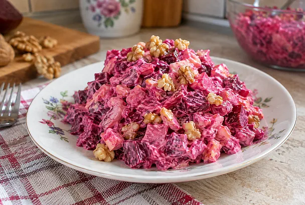 Нарезаем свёклу кубиком и добавляем плавленый сыр: салат выходит нежным и сытным