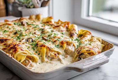 Как испечь пористые блинчики с курицей и грибами под сырным соусом