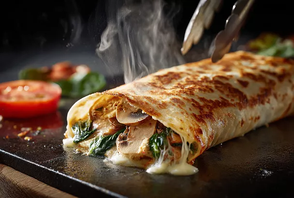 Тёплый ролл на лаваше с грибами и двумя сырами — быстрый итальянский завтрак 