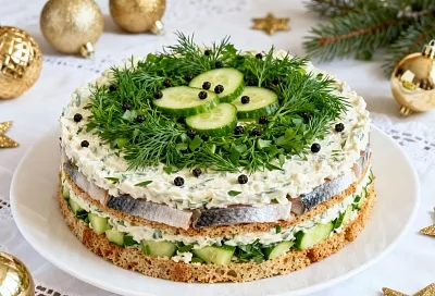 Новогодний салат из скумбрии — готовим за несколько часов до праздника, и он станет только вкуснее