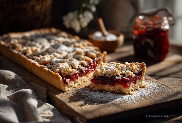 Классический тёртый пирог с вареньем — всегда идеальный: рассыпчатое песочное тесто и сочная начинка, тает во рту с первого кусочка