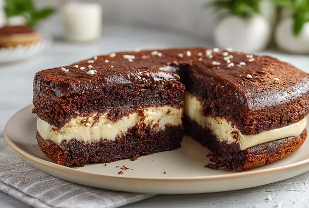 Шоколадный пирог с творожной начинкой на сковороде: нежный, ароматный, с бананом и без духовки