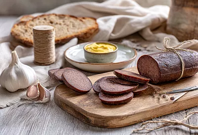 Отвариваю ливер с салом, перекручиваю с чесноком  — получается настоящая деревенская ливерная колбаса