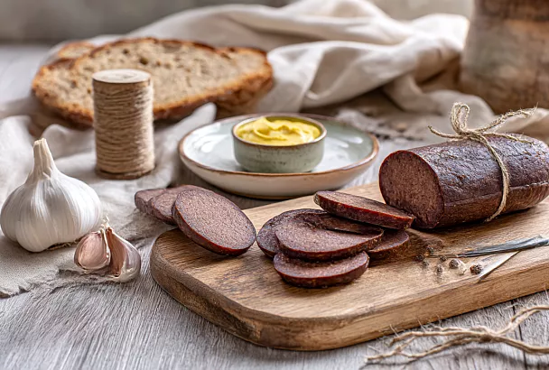 Отвариваю ливер с салом, перекручиваю с чесноком  — получается настоящая деревенская ливерная колбаса