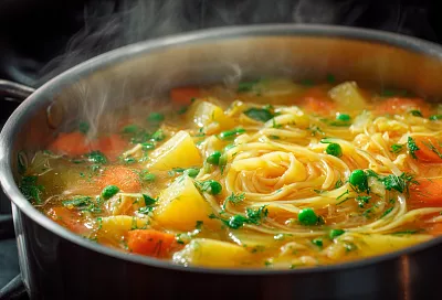 Осенний суп с лапшой, сыром и горошком за 40 минут: простой и сытный рецепт