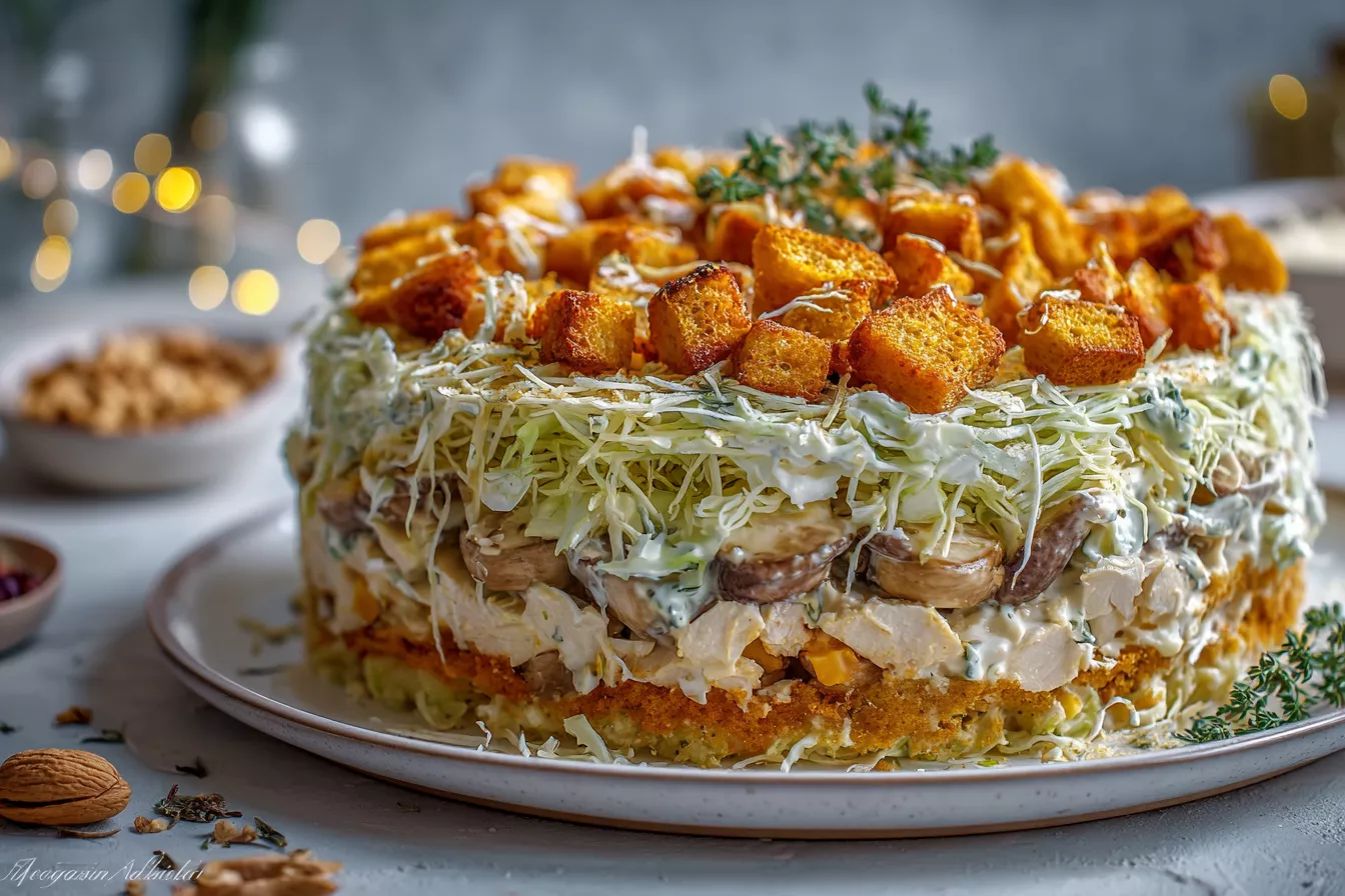 Праздничный слоёный салат с курицей, шампиньонами и хрустящими сухариками