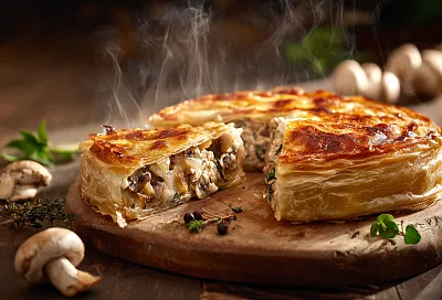 Слоёный пирог с грибами и курицей: хрустящая корочка и сочная начинка