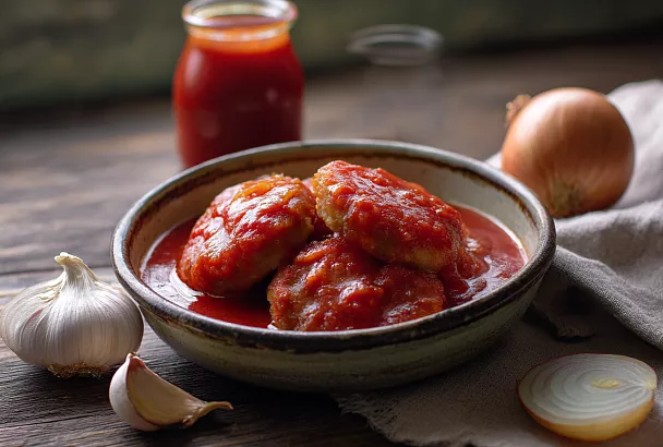 Мелко режу полкило лука, вмешиваю манку — и тушу котлетки в томатном соке так, что их принимают за мясные