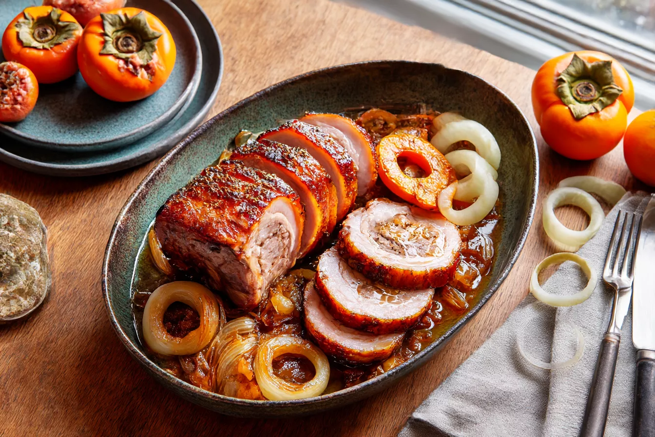 Запечённое мясо с хурмой и яблоками: сочный праздничный кусок, который подают сразу из духовки