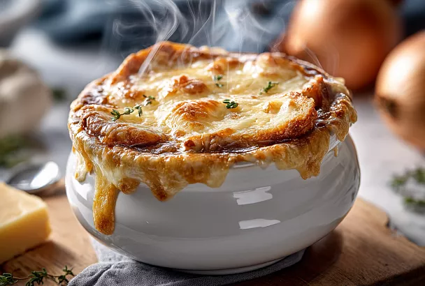 Настоящий французский луковый суп – тёмный, насыщенный и с хрустящей сырной шапкой