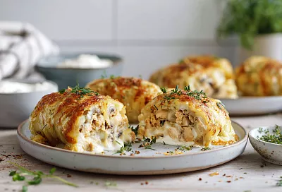 Картофельные зразы с курицей и грибами стали сочнее и нежнее обычных: добавила сливки в начинку, и внутри всё осталось мягким с сырной начинкой