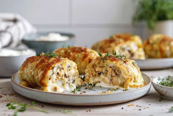 Картофельные зразы с курицей и грибами стали сочнее и нежнее обычных: добавила сливки в начинку, и внутри всё осталось мягким с сырной начинкой