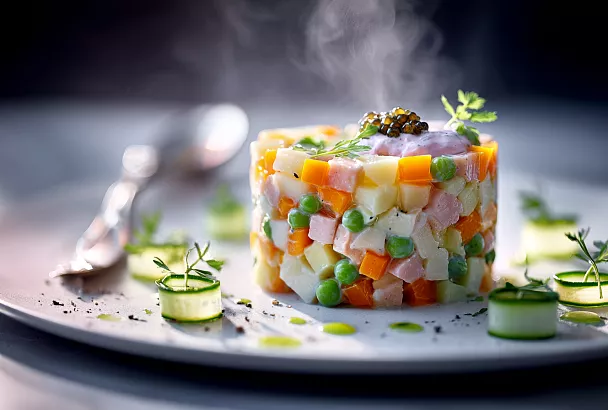 Ресторанная версия оливье с икорным майонезом — гости просят добавки и не верят, что готовится за 30 минут