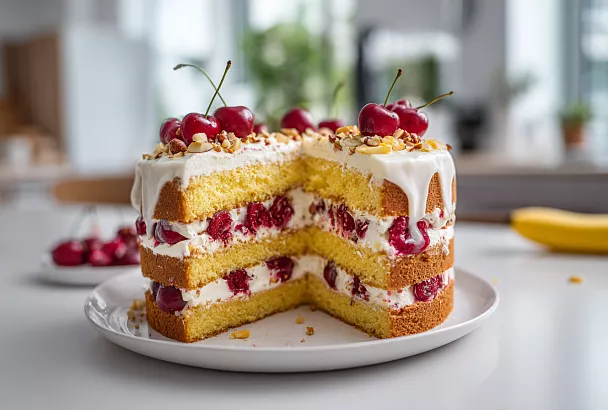 Медовый торт с бананом и вишней: нежный бисквит, сметанный крем за 1 час + пропитка