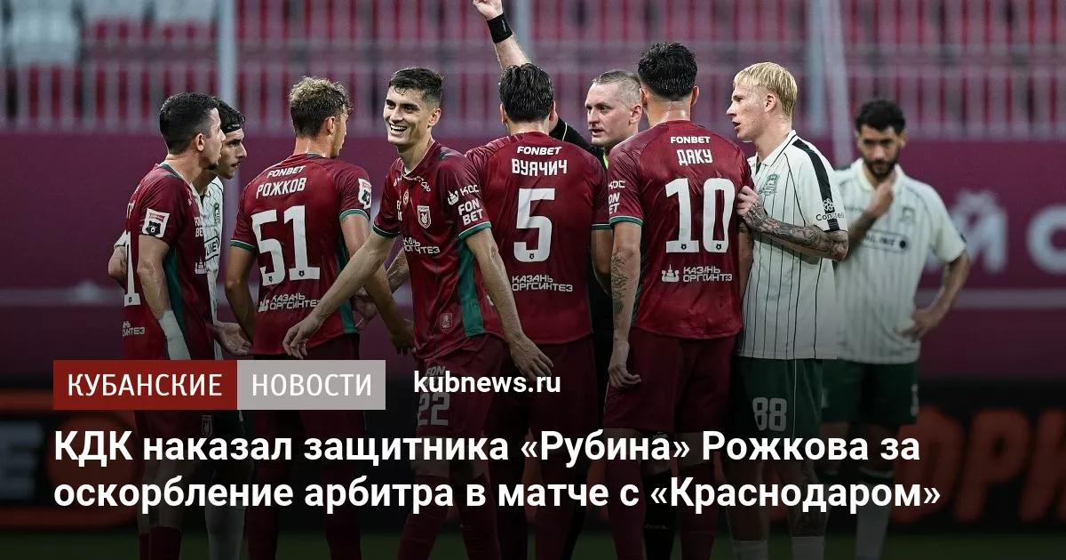 КДК наказал защитника «Рубина» Рожкова за оскорбление арбитра в матче с «Краснодаром»