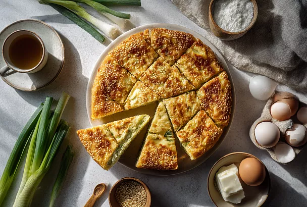 Пирожков хочется, а возиться не хочется: быстрый пирог с яйцом и зелёным луком на сметане