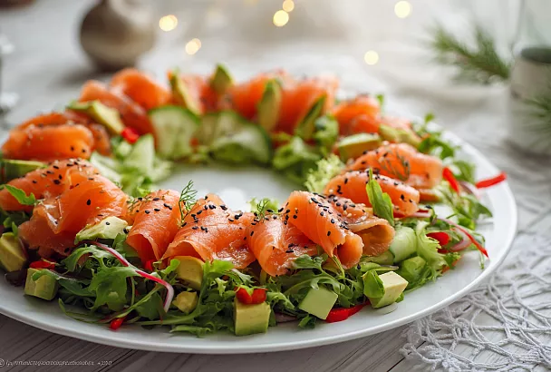 Салат с малосольным лососем стал хитом праздника: выложила ингредиенты венком, и на столе появился нарядный новогодний акцент