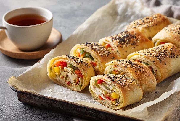 Аппетитный рулет из лаваша с курицей и овощами, запечённый до хруста