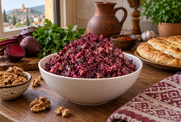 Смешиваем свёклу с орехами, чесноком и солёным огурцом: грузинский салат выходит ярким и пряным