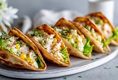 Салат из крабовых палочек подаем по-новому: в хрустящих питах из тостового хлеба, гости не могли оторваться