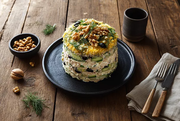 Слоёный новогодний салат с курицей и черносливом, который съедают раньше оливье