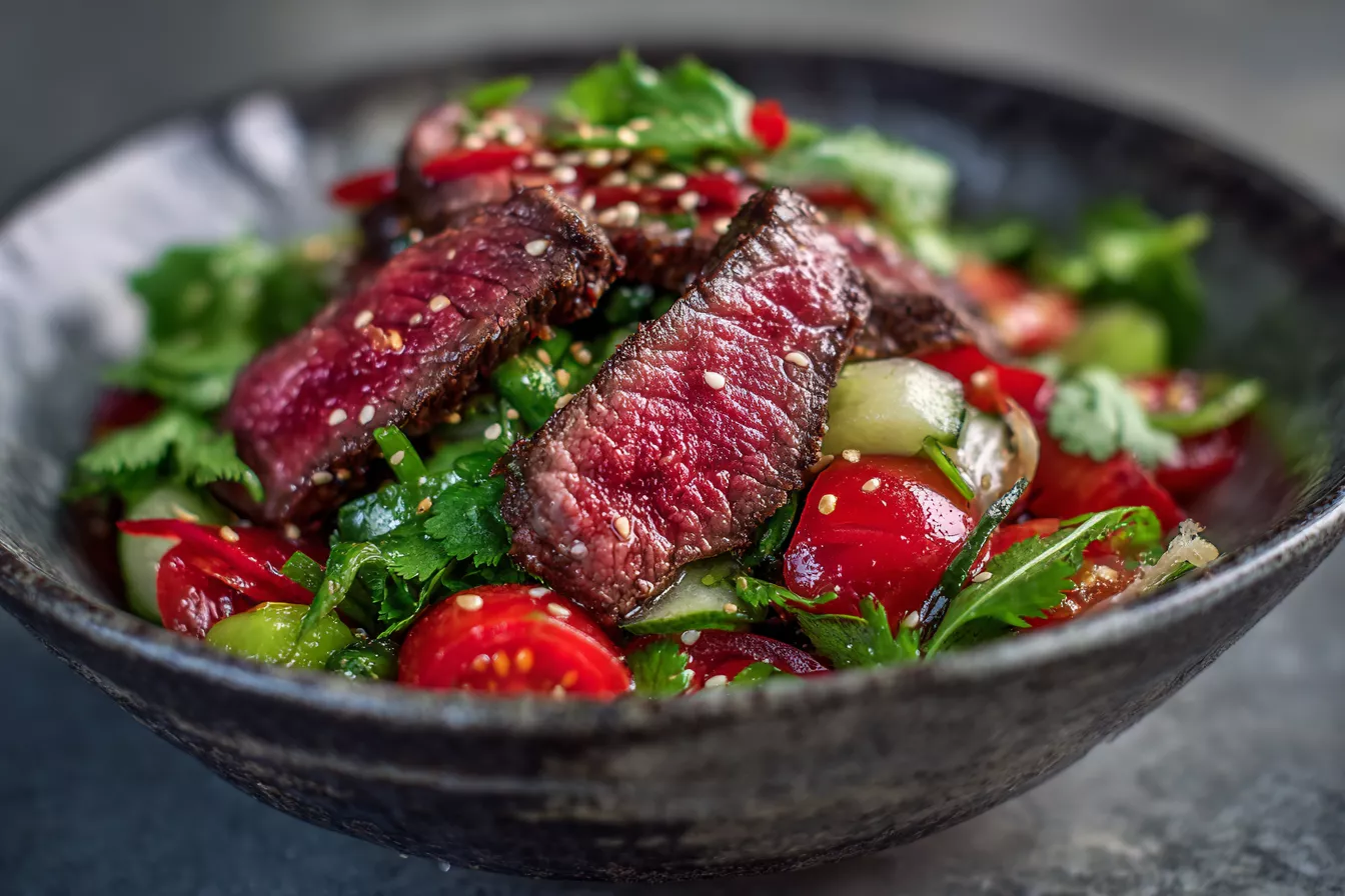 Салат с говяжьей диафрагмой и имбирной заправкой: сочный вкус лета без лишнего