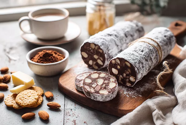 Ломаю печенье, заливаю шоколадной глазурью — через пару часов на столе вкуснейшая чайная колбаска!