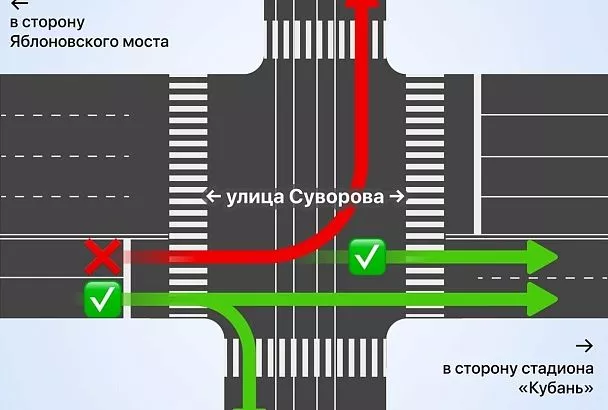 Организацию дорожного движения изменят на перекрестке улиц им. Суворова и им. Гоголя в Краснодаре