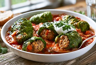 Голубцы в свекольной ботве с фаршем из индейки и кускусом — яркое и очень вкусное блюдо от шефа