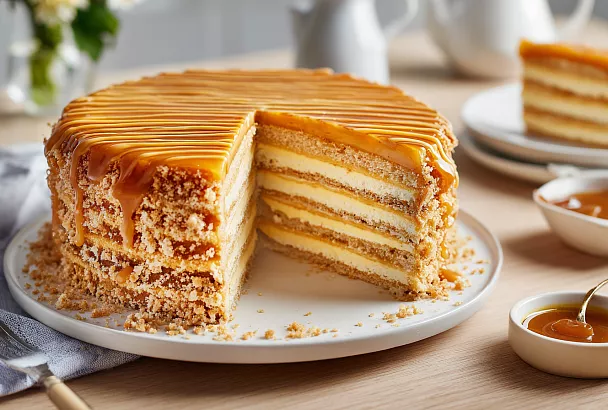 Медовый торт за 250 руб: 2 кг нежности с карамельным кремом без сливок