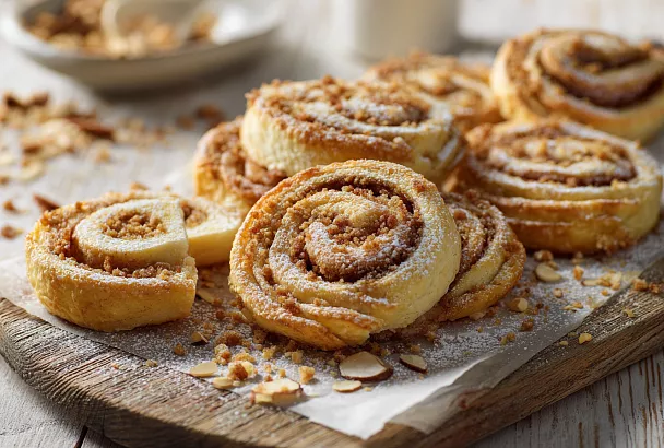 Нереально ароматные миндальные рулетики с корицей – рассыпчатые, слоёные, тают во рту как настоящее рождественское печенье