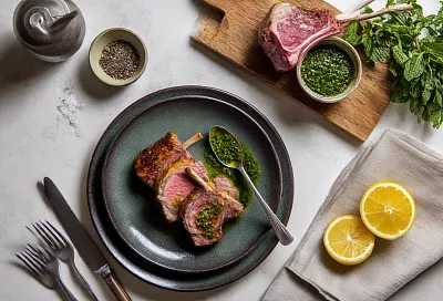 Нежная баранья корейка с хрустящей корочкой и мятным соусом