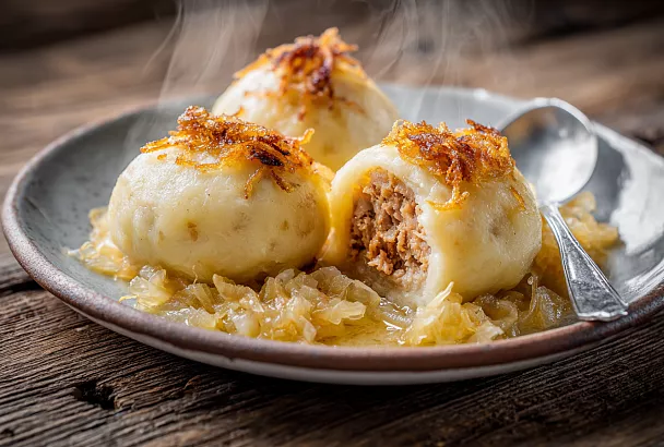 Чешские картофельные кнедлики с копчёным мясом, капустой и жареным луком