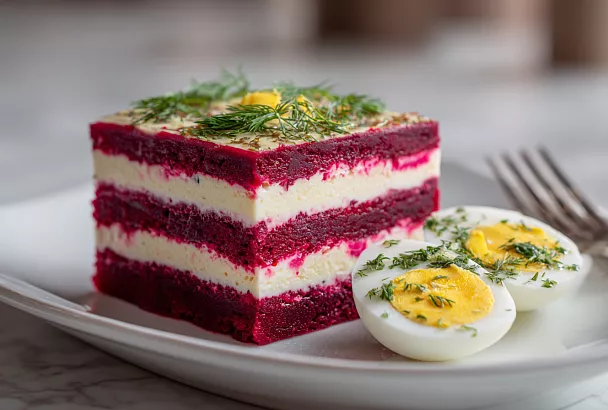Слоёный салат из свеклы с сырной начинкой и яркими яйцами – за 10 минут из бюджетных продуктов