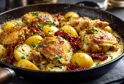 Курица с картошкой на одной сковороде за 30 минут: сочная, ароматная и без лишней посуды. Когда лень готовить — идеальный ужин