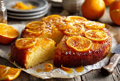 Апельсиновый перевёртыш: сочный бисквит, карамелизованные кружочки и джем-глазурь 
