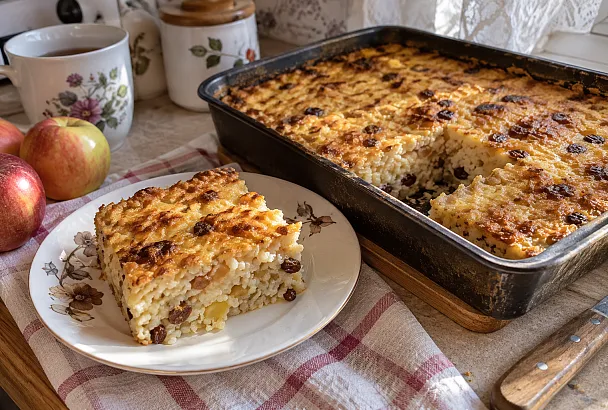 Запеканка с творогом и яблоками: добавляем рис, изюм и запекаем до румяной корочки
