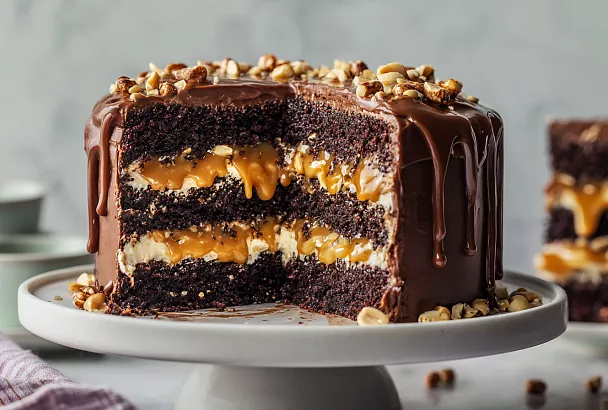 Самый простой рецепт торта «Сникерс»: шоколадный бисквит, солёная карамель с арахисом и нежный крем-чиз