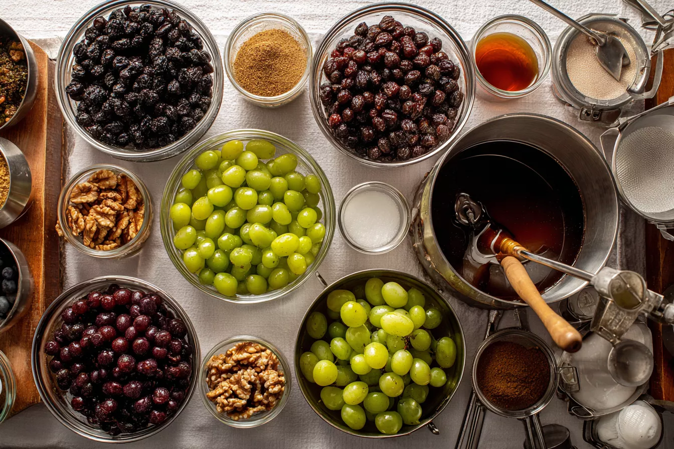 Четыре заготовки из винограда: сок-концентрат, варенье с орехами, ягоды в сиропе и джем