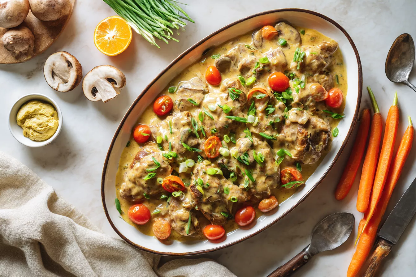 Режу свиную шею длинными брусочками, обжариваю и тушу в сметанно-горчичном соусе с мандаринами — и на столе праздничное блюдо без хлопот